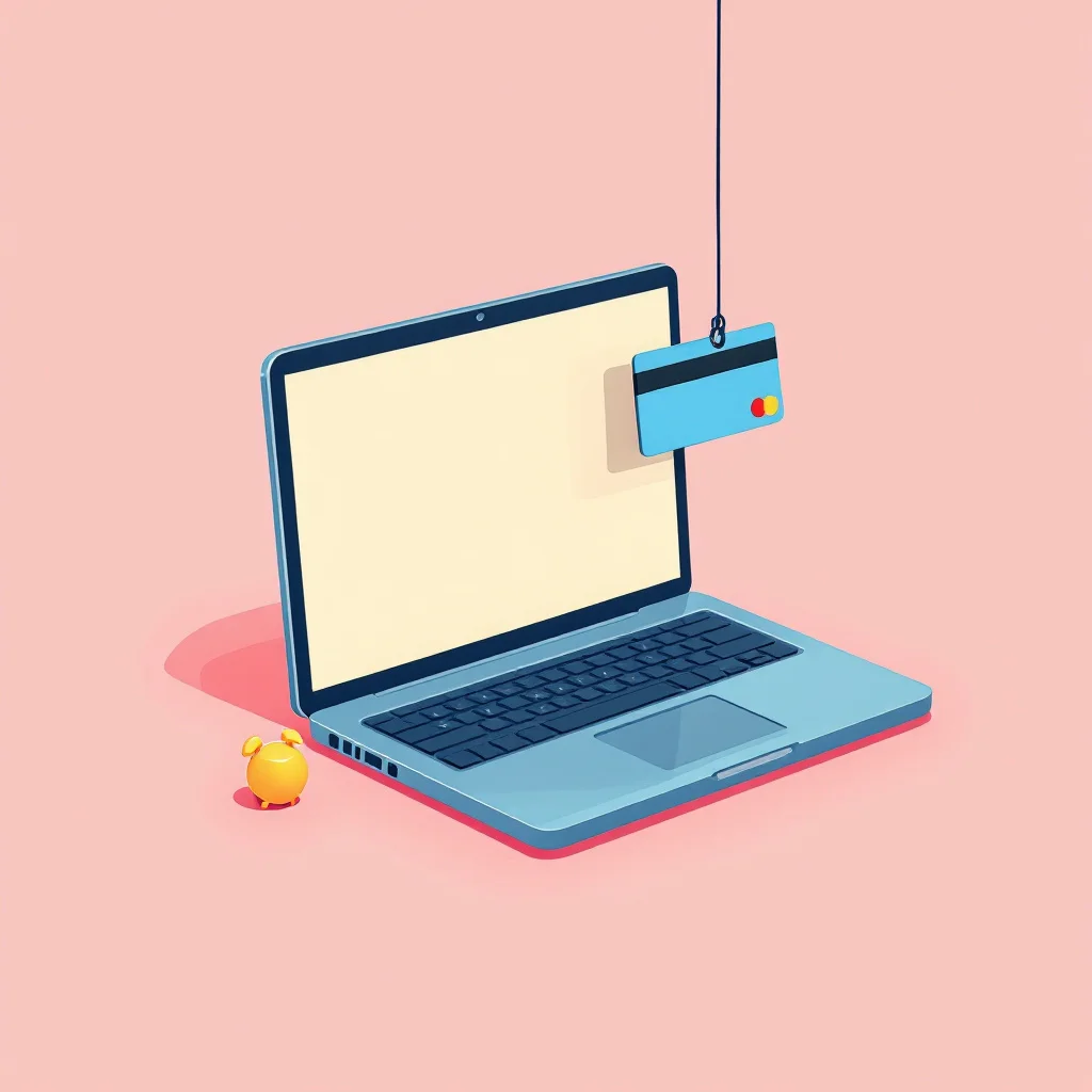 Laptop with a hook stealing a card: warning about fake websites charging for ETIAS