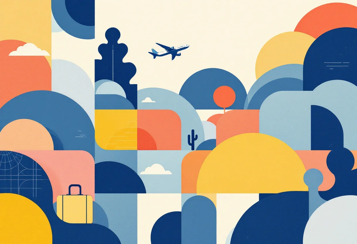 Airplane and suitcase over colorful shapes illustrating trips to Europe and the 90/180 rule