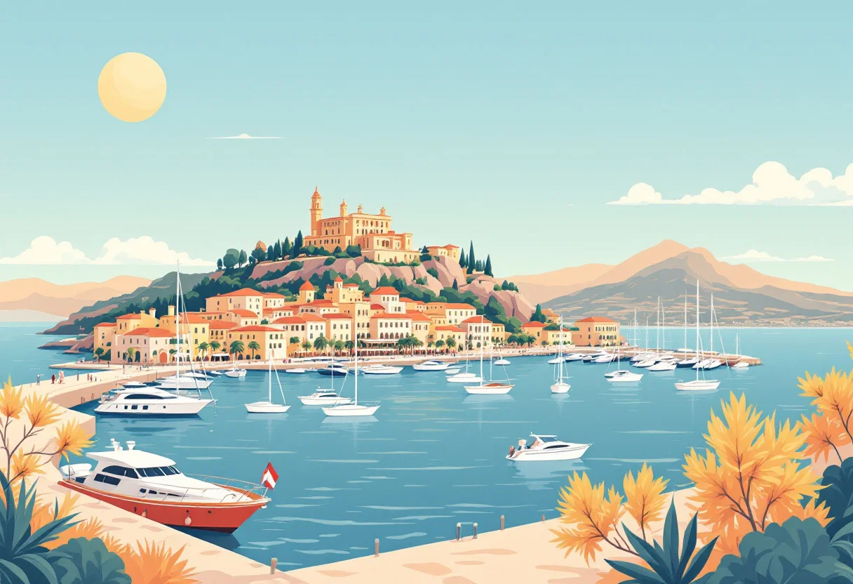 El puerto de un microestado mediterráneo en ilustración, para la guía de requisitos para viajar a Andorra, Mónaco, San Marino