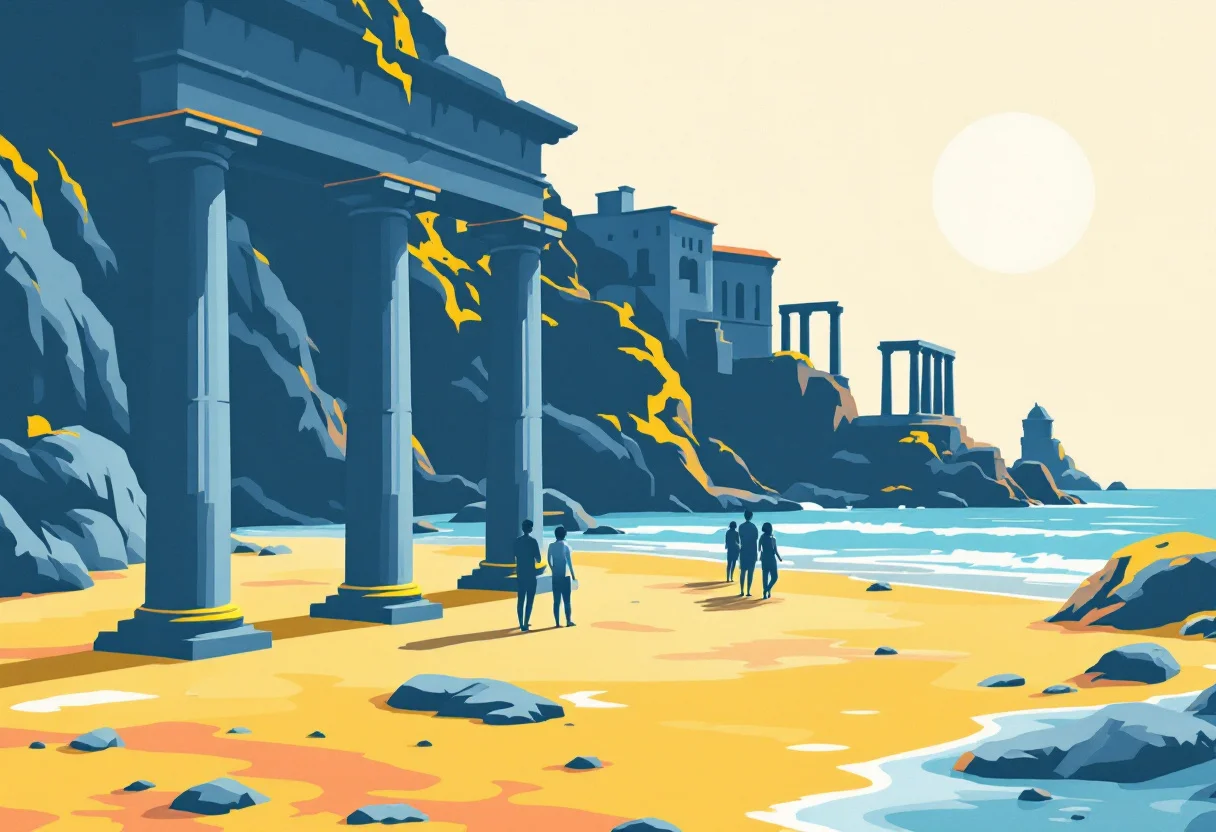 Requisitos para viajar a Chipre La costa de Chipre con ruinas antiguas en ilustración, para la guía de requisitos para viajar a Chipre