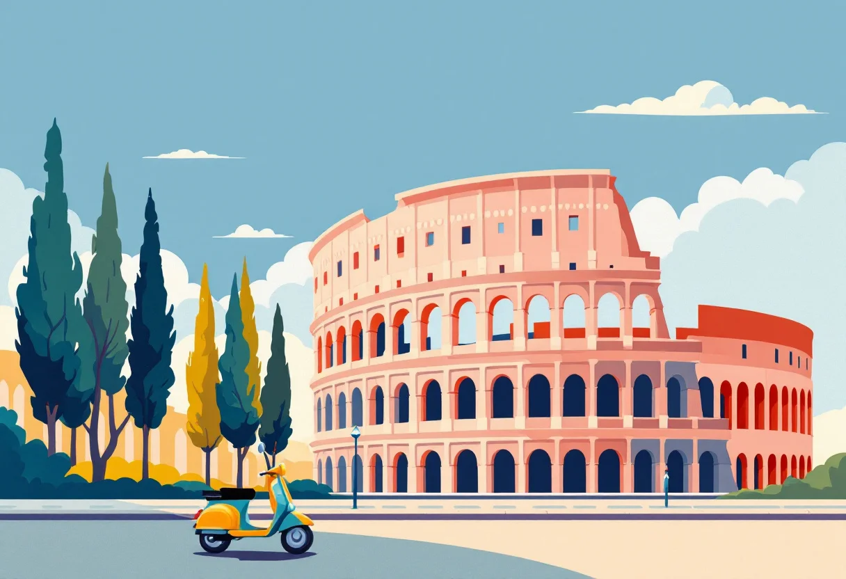 Requisitos para viajar a Italia El Coliseo de Roma en ilustración, para la guía de requisitos para viajar a Italia
