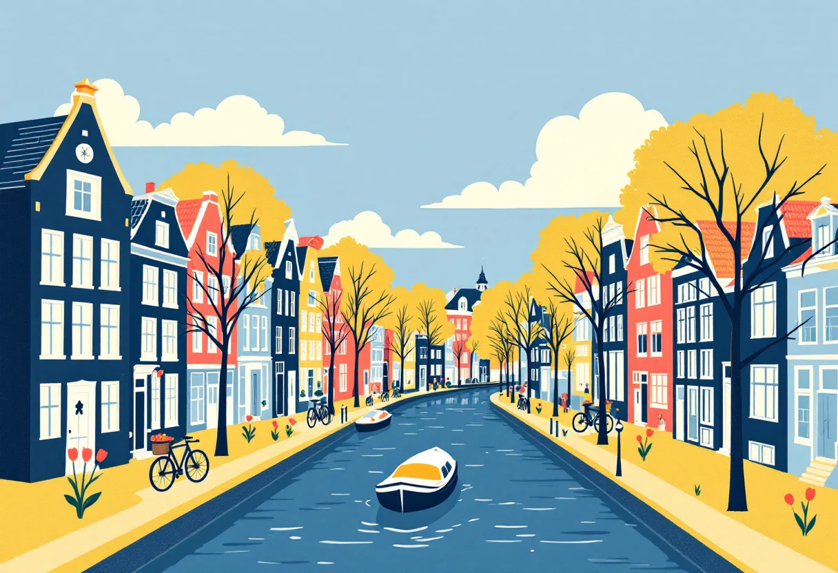 Requisitos para viajar a Países Bajos Los canales de Ámsterdam en ilustración, para la guía de requisitos para viajar a Países Bajos