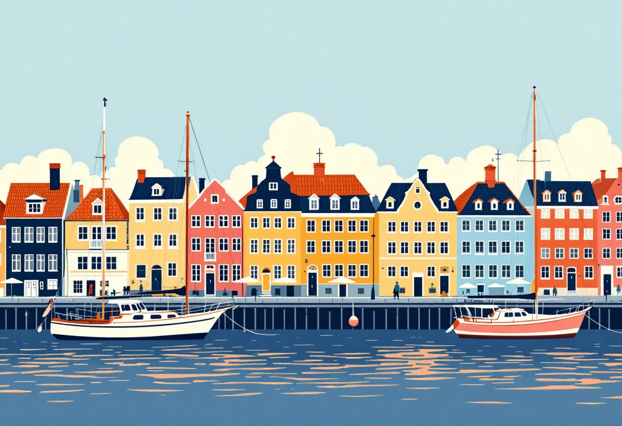 Nyhavn, em Copenhague em ilustração, para o guia de requisitos de entrada: Dinamarca