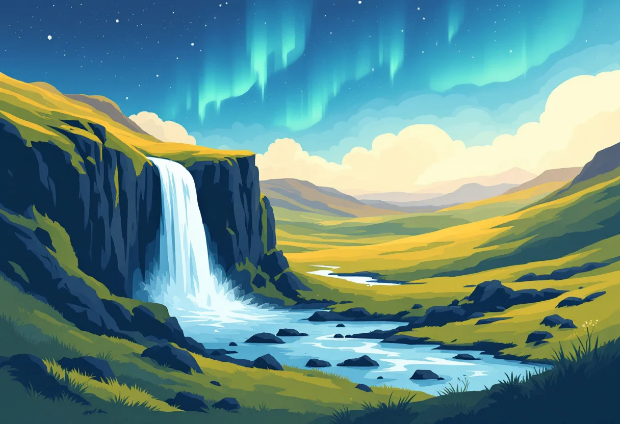 Uma cachoeira da Islândia em ilustração, para o guia de requisitos de entrada: Islândia